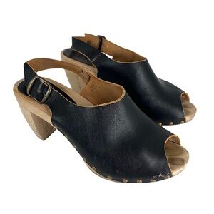 Bosabo Black Leather Open Toe Slingback Mule Wooden Block Heel Womens Size 41